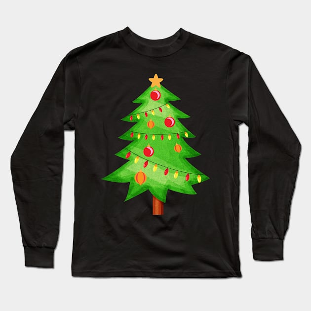 Cute Comic Christmas Tree Illustration Long Sleeve T-Shirt by lunamoonart